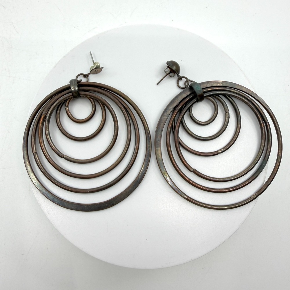 Copper Tone Concentric Multi Hoop Dangle Earrings Boho Artisan Statement Gift